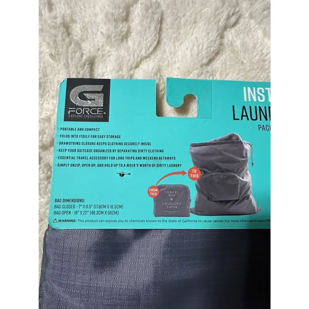 GFORCE Gray White “Travel Now Laundry Later” Zip Foldable Travel Laundry Bag